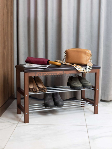 Полка для обуви с банкеткой SR-0628 PVC (тёмный орех/коричневый), Артикул Б-3414, Размеры (ДхГхВ): 760 х 310 х 490 мм