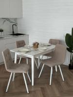 Обеденная группа: Стол раздвижной Универсальный (белый) + Стулья Дублин