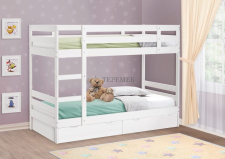 Кровать двухъярусная массив Пирус с ящиками (белый)