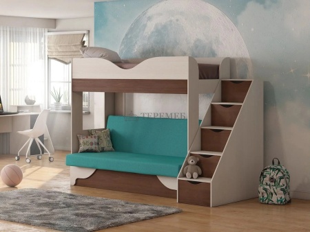 Двухъярусная диван-кровать Латте 77-01 (бодега светлый/орех/морская волна)